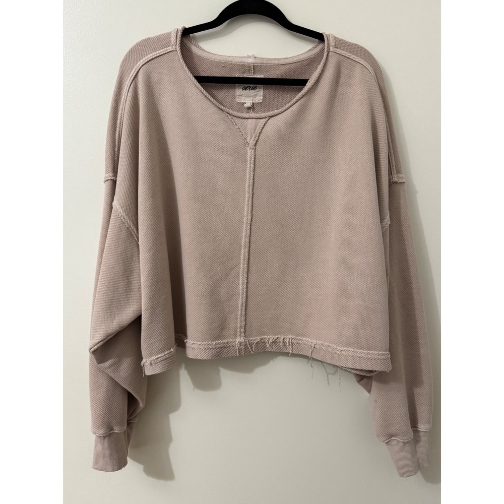 Aerie Cropped Waffle Knit Sweatshirt Mauve Taupe Raw Hem XXL - Picture 3 of 6